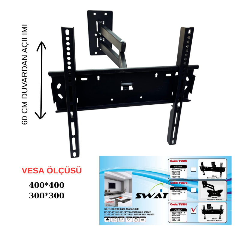 TV HAREKETLİ KİLİTLİ ASKI APARATI 32"-65" -  H45 (TVS50 nin UZUNU)