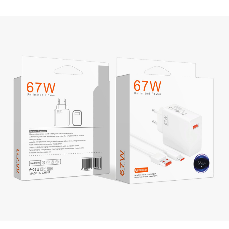 ŞARJ KABLOSU+ADAPTÖR 67W USB BAŞLIK+USB KABLO 1m